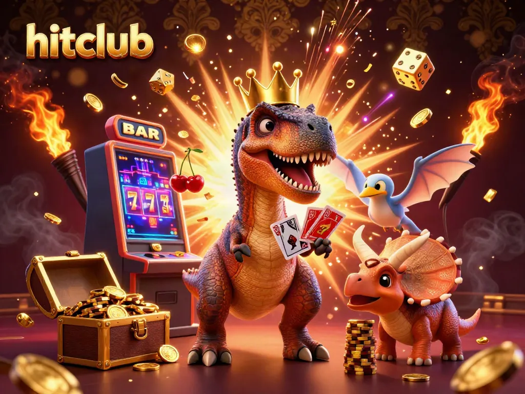 Hitclub's 3D casino scene featuring a T-Rex card dealer, pterodactyl aid, and chip-stacking triceratops.