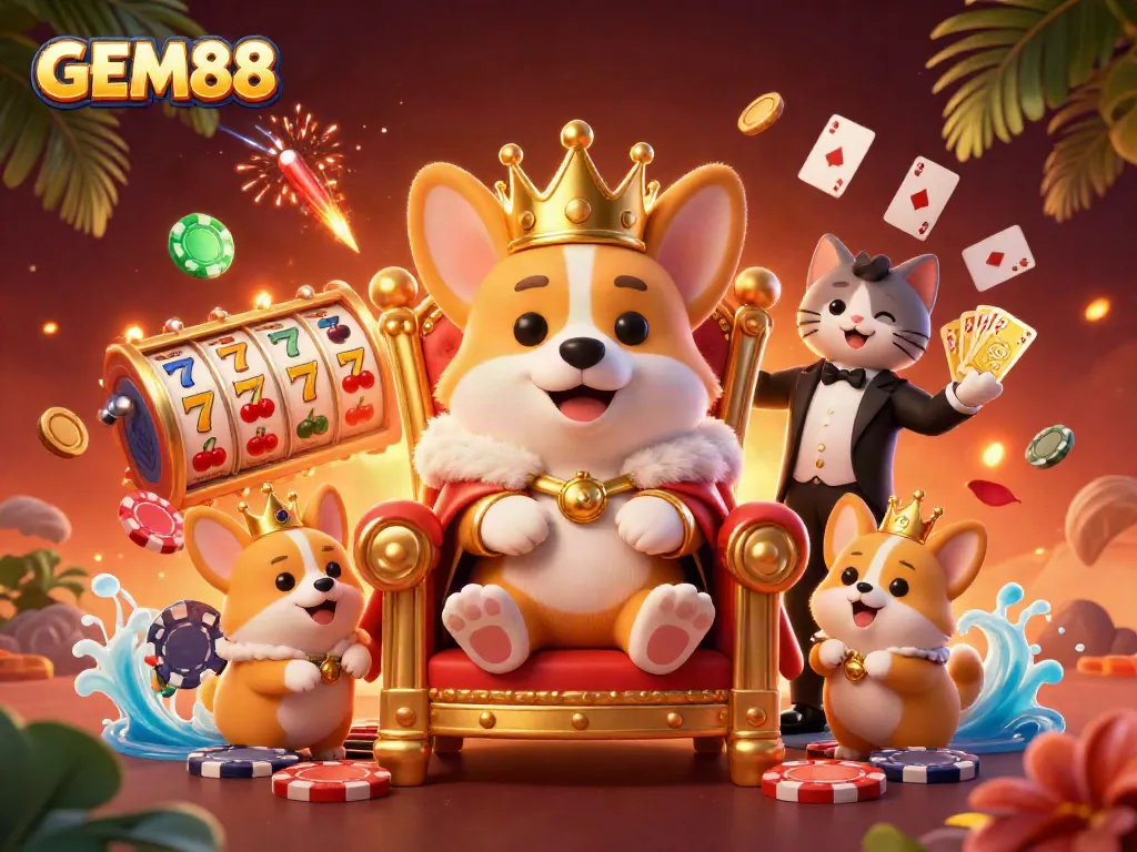 Experience GEM88's extravagant poker scene with a royal corgi and vibrant casino elements.