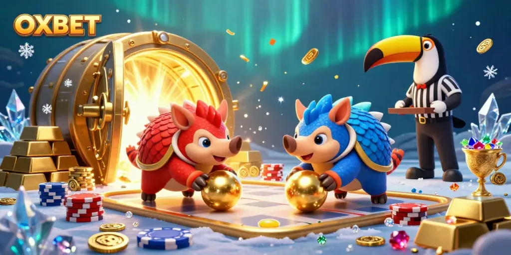 OXBET showcases a dynamic 3D scene with pangolins bowling through poker chips amidst glowing casino treasures.
