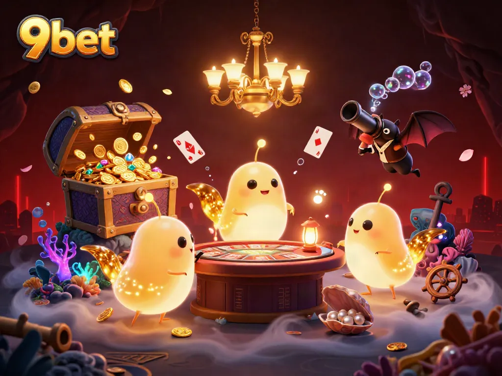 Engage with 9bet's vibrant casino scene, highlighting glowworms, a bat dealer, and lively game elements.