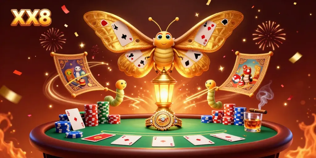 Engage with the vibrant XX8 online casino scene featuring animated characters around a poker table, illuminated by festive fireworks.