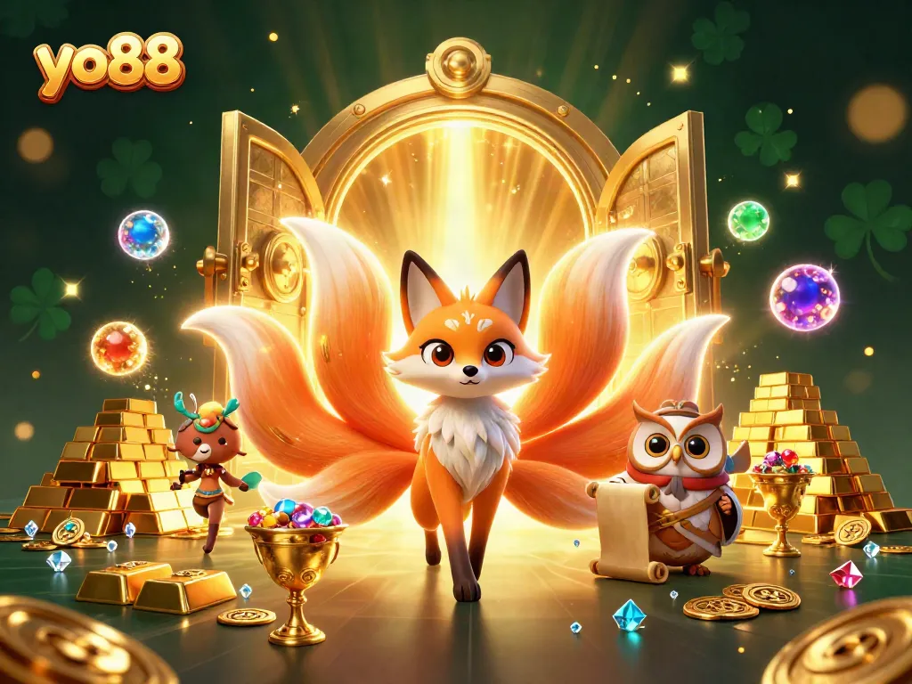 Experience thrilling gaming at yo88 with a vibrant, magical scene of fortune filled with gold and gems.