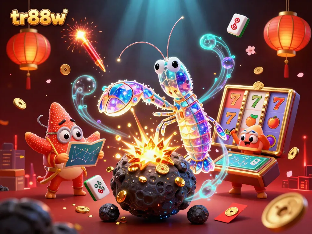 The galactic samurai mantis shrimp crushes an asteroid in a vibrant casino scene, representing tr88w's dynamic gaming environment.