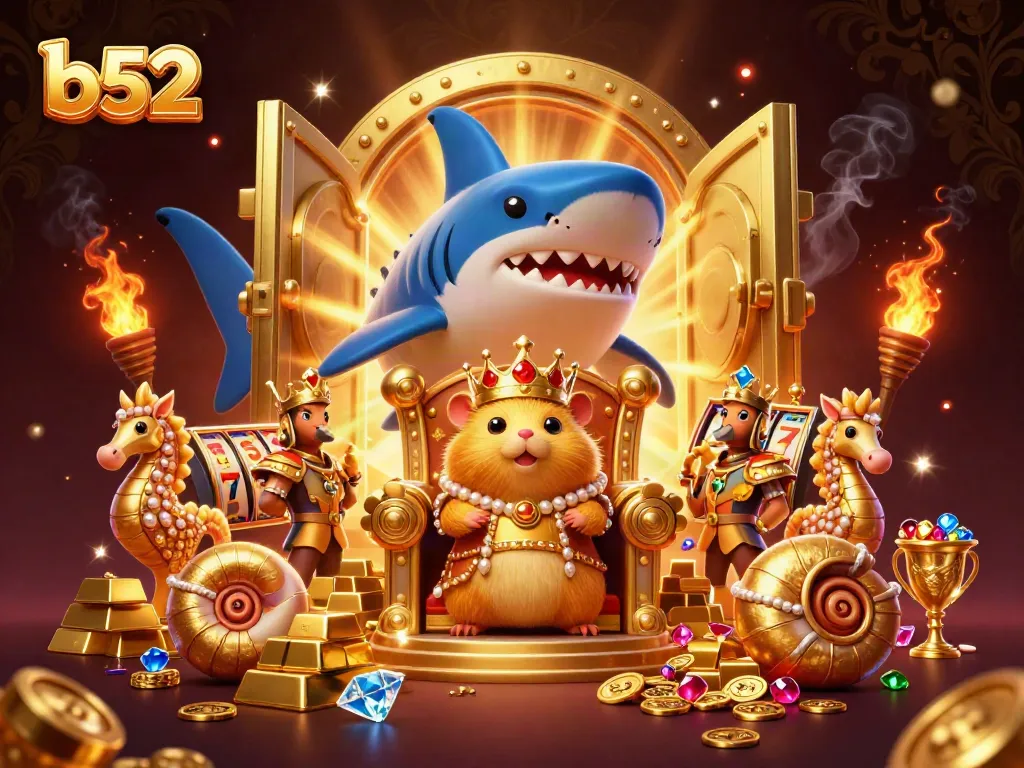 Engage in thrilling b52 casino adventures with a hamster king and treasure-filled throne.