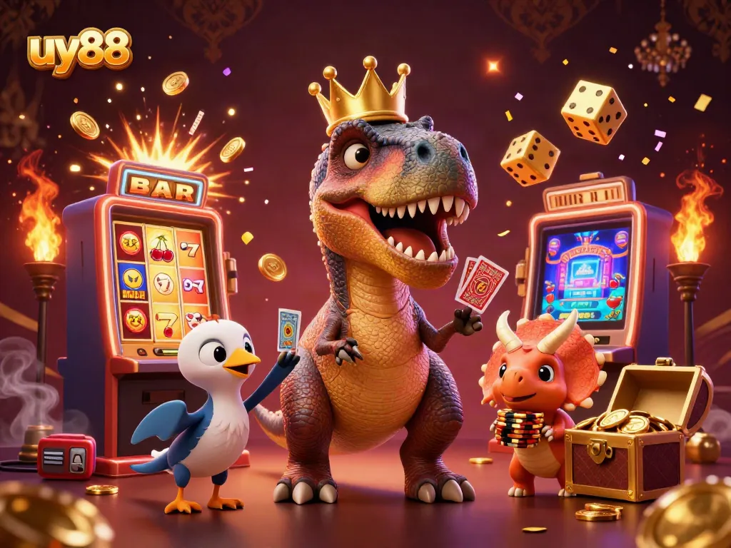 Experience jackpot thrills at uy88 with a T-Rex and friends in a vibrant 3D casino scene.