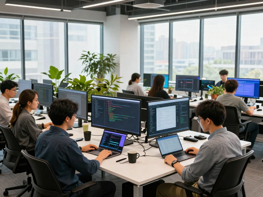 快速连接的现代科技团队协作场景，开发者在明亮的共享办公空间中讨论项目