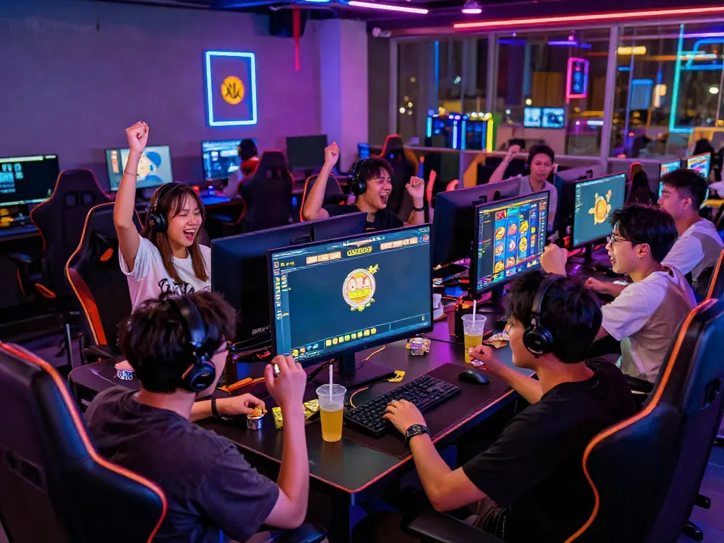 Excited players enjoying slot gacor games in a vibrant gaming lounge.