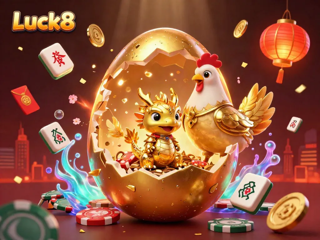 Luck8's dynamic casino scene featuring a golden baby dragon on poker chips amidst vibrant gaming elements.