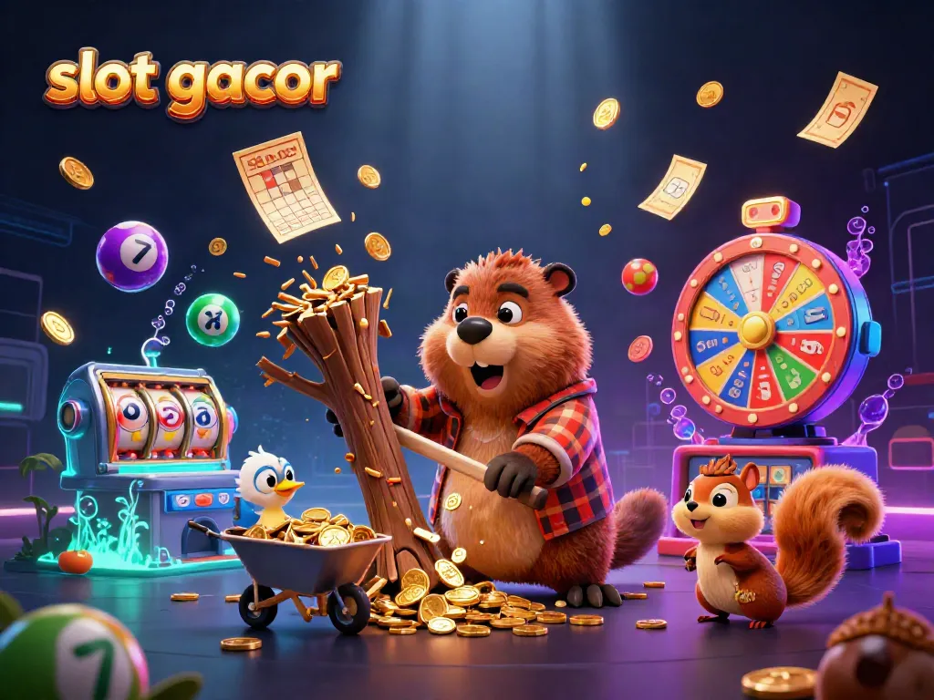 Engaging scene depicting slot gacor elements with a cartoon lumberjack beaver collecting coins, symbols of winnings abundant.