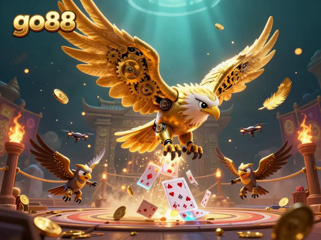 Experience the excitement of go88 with a dynamic 3D illustration of a golden eagle amidst holographic cards.