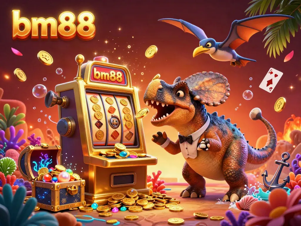 Catch jackpot coins with bm88 in a 3D illustration featuring dinosaurs in a vibrant casino scene.