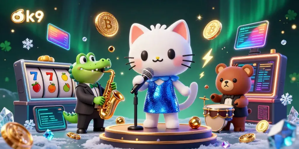 Interact with the vibrant casino scene alongside the jazzy ok9 characters, experiencing excitement and energy.