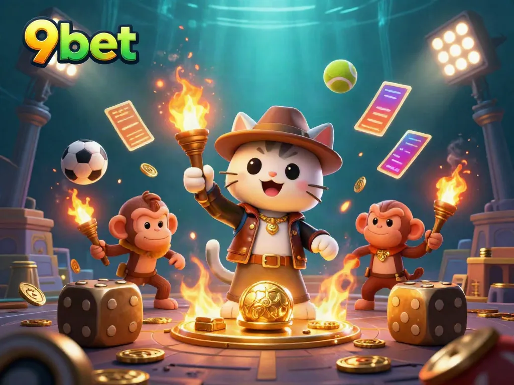 Witness the excitement of 9bet with an explorer cat and a monkey companion amidst dynamic casino elements.