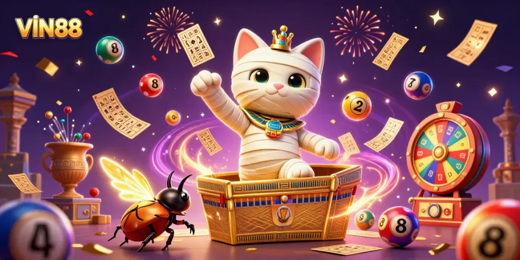VIN88 showcases a dynamic Egyptian-themed casino experience filled with colorful lottery elements.