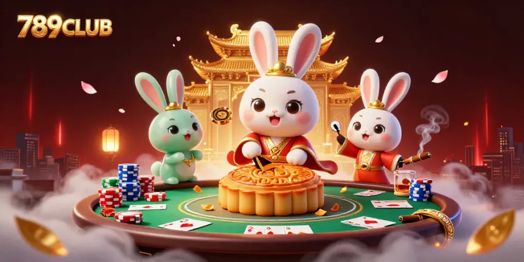 Engage in thrilling gameplay at 789CLUB with cartoon rabbit characters surrounded by poker chips and mooncakes.
