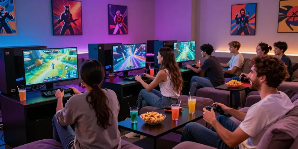 Friends enjoying a multiplayer game from kilat404 in a cozy lounge.