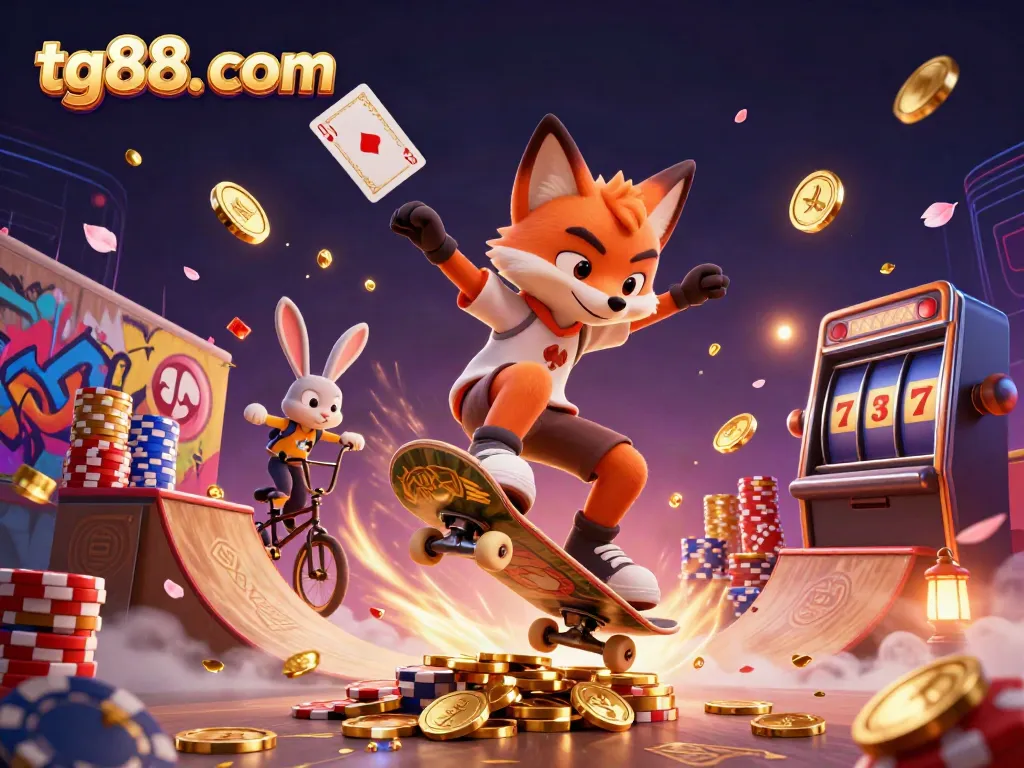 Experience the thrill of tg88. com with a lively casino scene depicting characters, gaming symbols, and vibrant action.