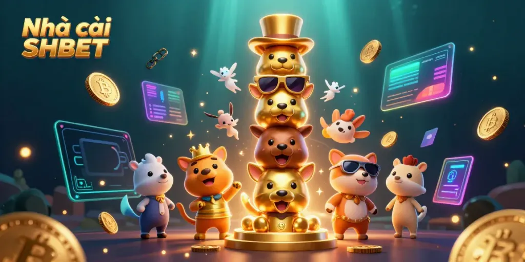 Engage with Nhà cái SHBET through this vibrant 3D casino illustration filled with energy and gaming elements.