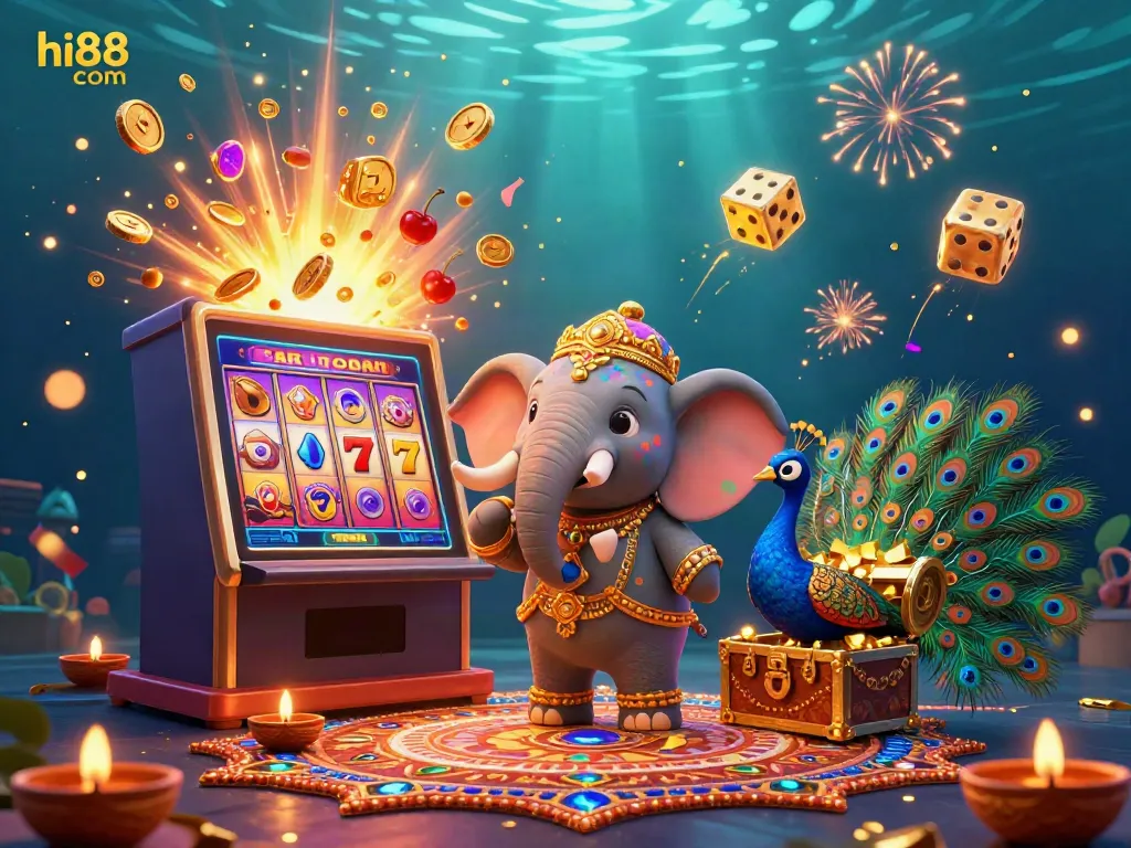 Engage in thrilling slots at hi88 com with vibrant visuals of jackpots and casino elements.