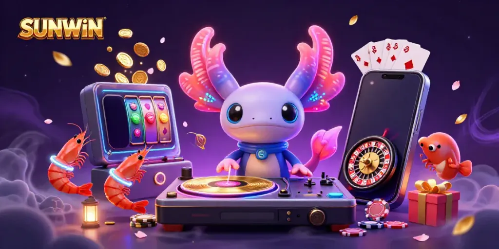 SUNWIN gaming scene featuring DJ axolotl, slot games, and playful underwater characters.
