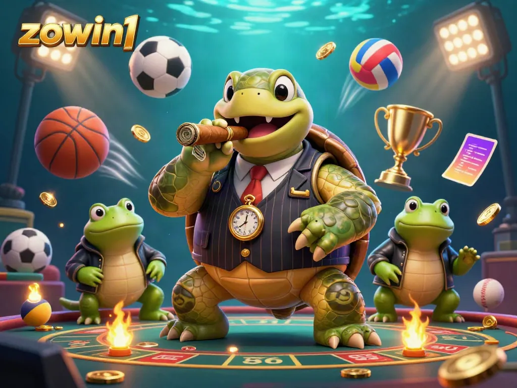 Engage in thrilling gameplay at zowin1 with a dynamic 3D scene featuring a turtle mobster, bullfrogs, and sports elements.