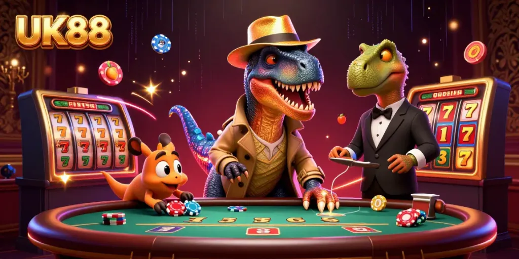 Experience UK88's thrilling slots with playful velociraptors in a vibrant casino scene.