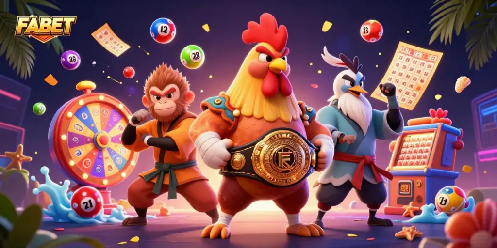 Experience thrilling gaming adventures with FABET's vibrant lottery elements in a dynamic illustration.