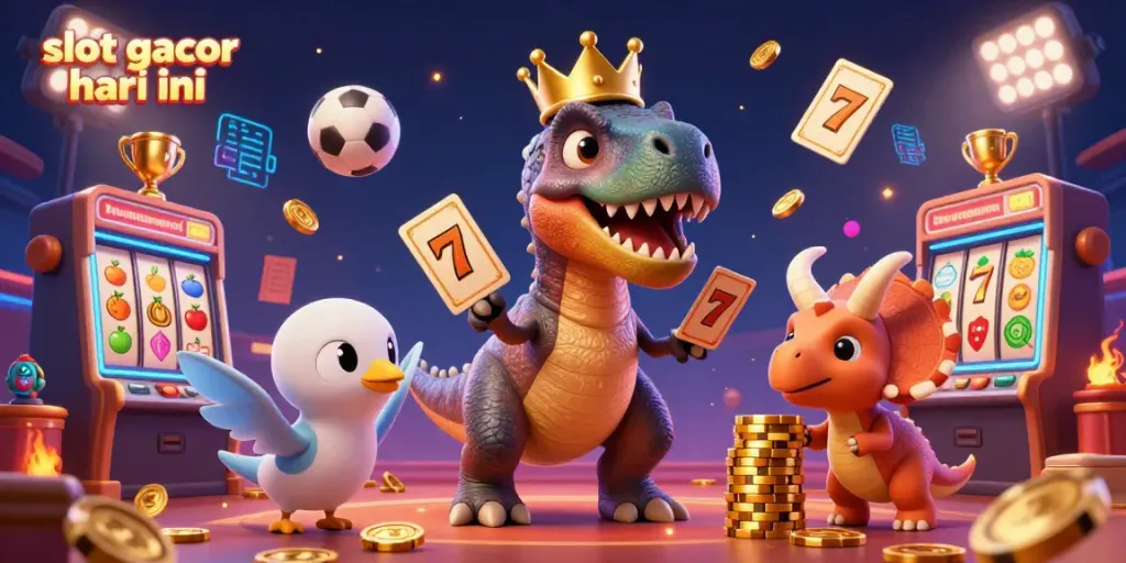 Experience thrilling gameplay with slot gacor hari ini as cartoon dinosaurs engage with vibrant casino elements.
