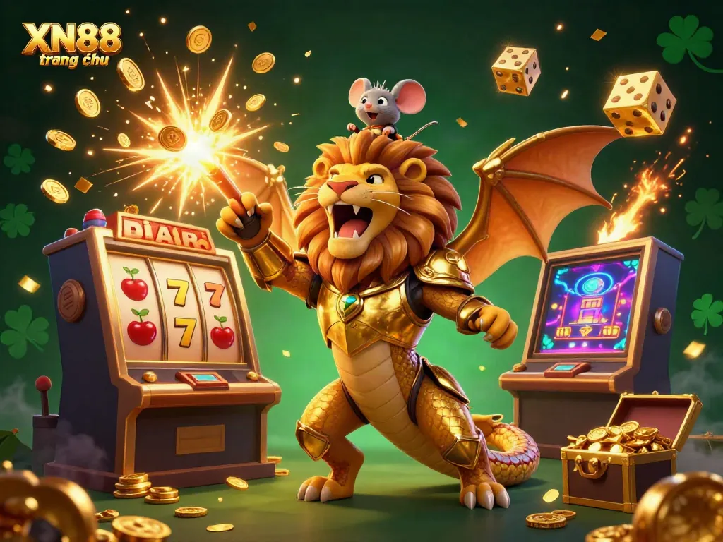 Experience thrilling gameplay at XN88 trang chủ illustrated with a roaring chimera, dazzling slot machines, and a brave mouse jockey.