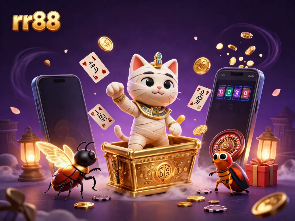 Witness an enchanting rr88 scene with a mummy cat and glowing scarab amidst casino riches.