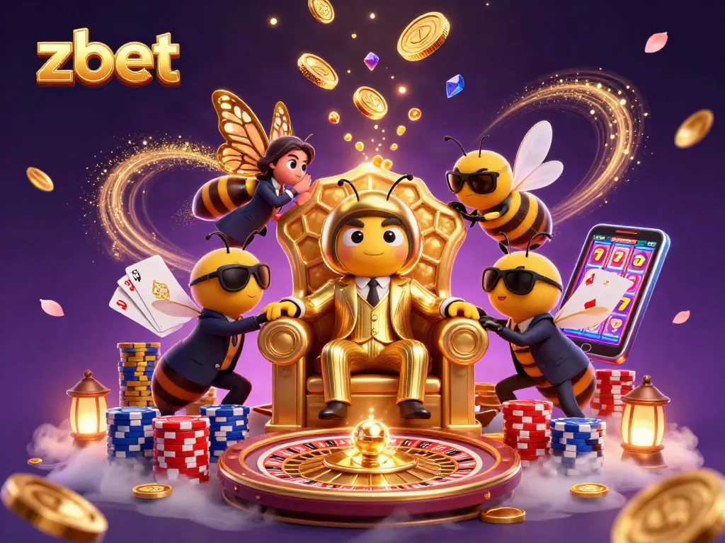 Zbet gaming scene with a bumblebee mob boss, wasp bodyguards, and butterfly in a casino.