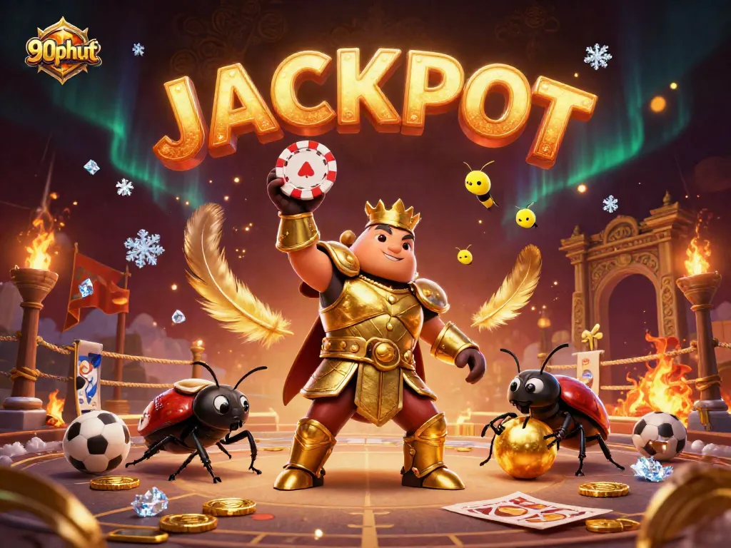 90phut sports betting illustration with a heroic beetle, poker chip, and JACKPOT fireflies.
