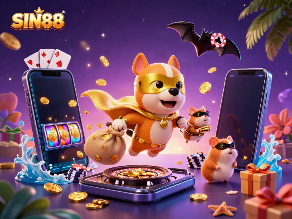 The superhero dog of SIN88 flies with gold coins, surrounding by vibrant casino elements and festive atmosphere.
