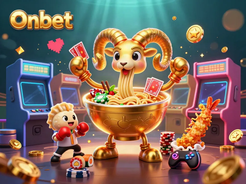 Onbet's captivating casino illustration featuring a fun giant ramen bowl character dealing cards and chips.