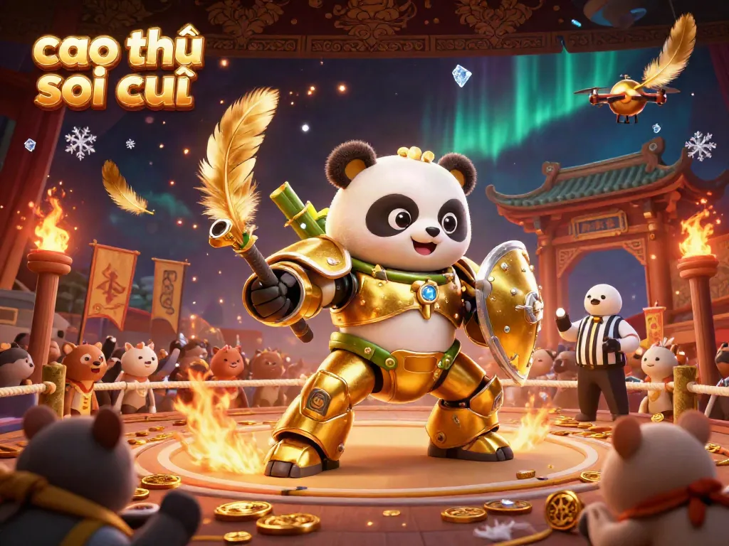 Cao thủ soi cầu action-packed 3D illustration showcasing a golden panda in mech-suit piloting a bamboo robot amidst an exciting gambling arena.