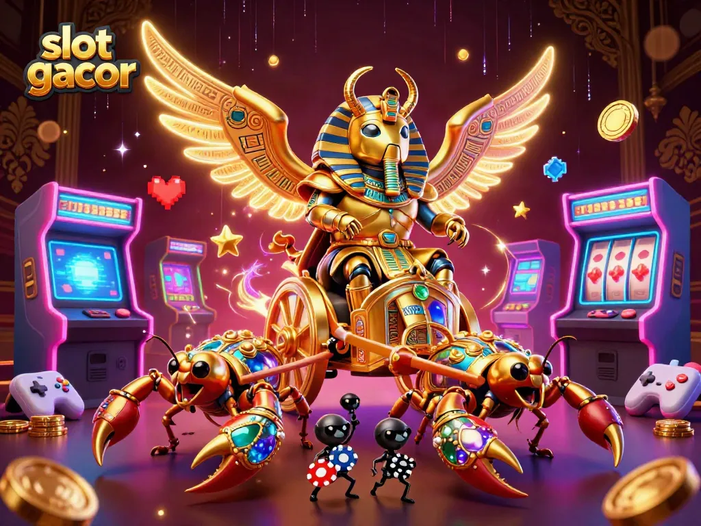Engage with thrilling slot gacor gameplay while witnessing a golden scarab in a vibrant casino scene.