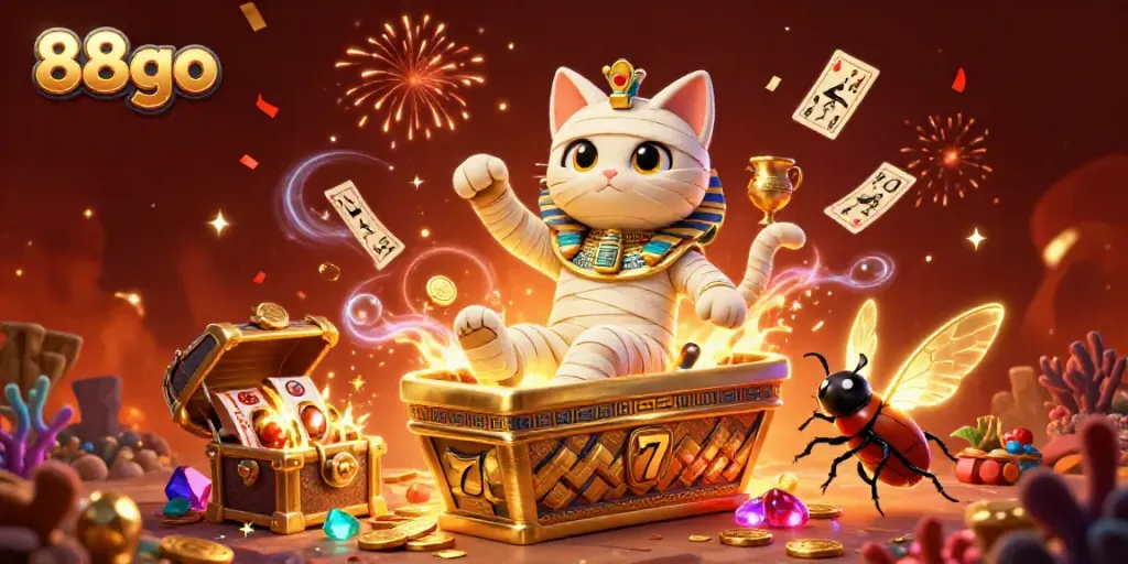 Engage in thrilling gaming action with 88go, featuring a dynamic 3D mummy cat and casino elements.
