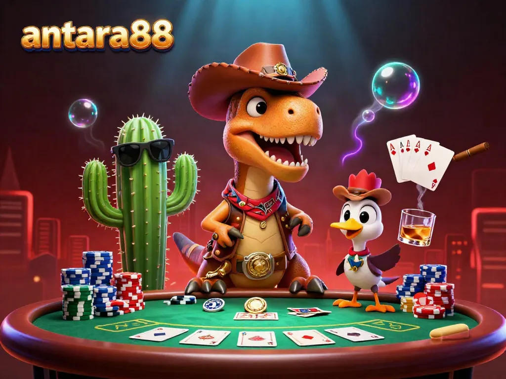 Engage with the dynamic atmosphere of antara88's online casino featuring characters and poker elements in action.