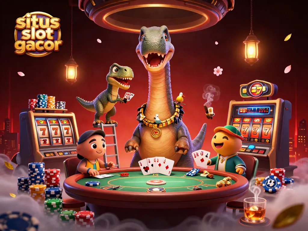 Engage with situs slot gacor at a dynamic casino scene with a towering brontosaurus and lively gameplay.