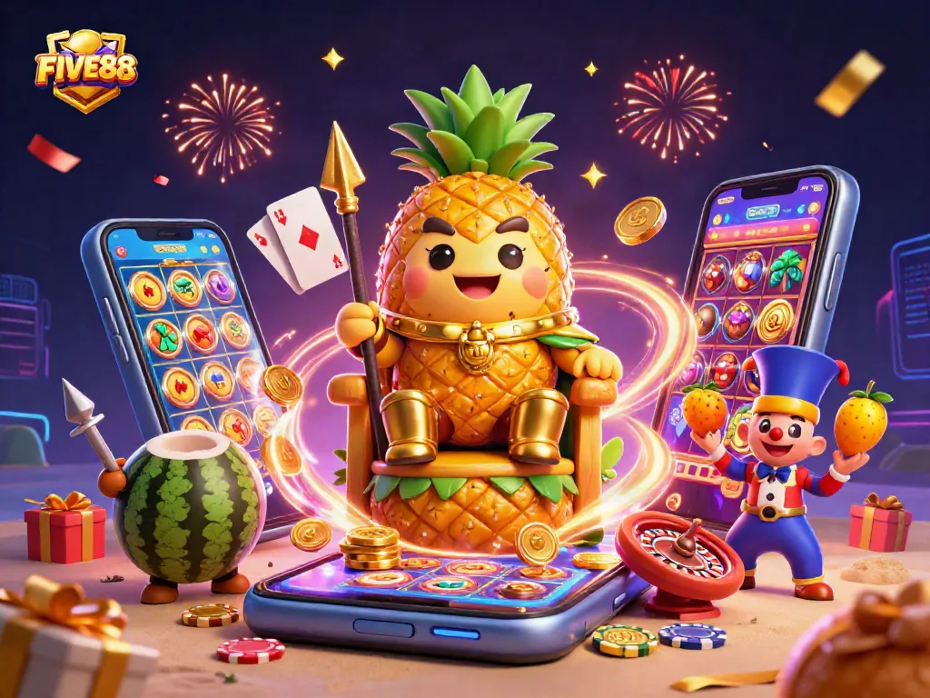 Engage with FIVE88 casino adventures featuring a vibrant king, jester, and dynamic gaming elements.