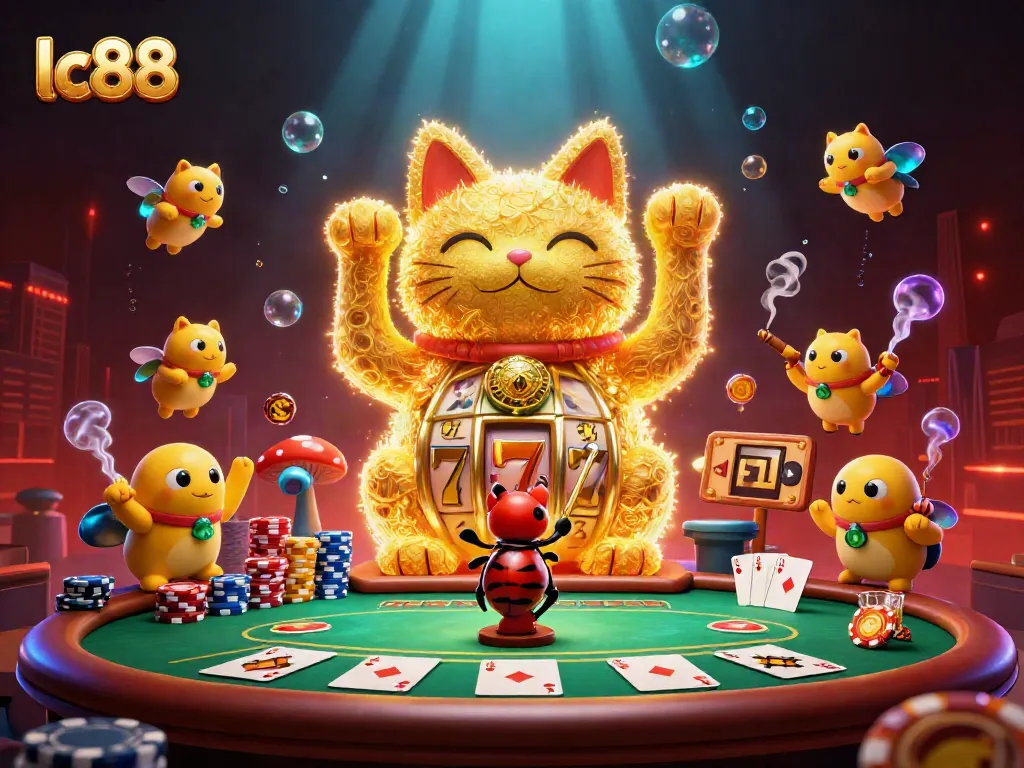 Experience the excitement with lc88's vibrant casino themed illustration featuring a lucky cat made of fireflies.
