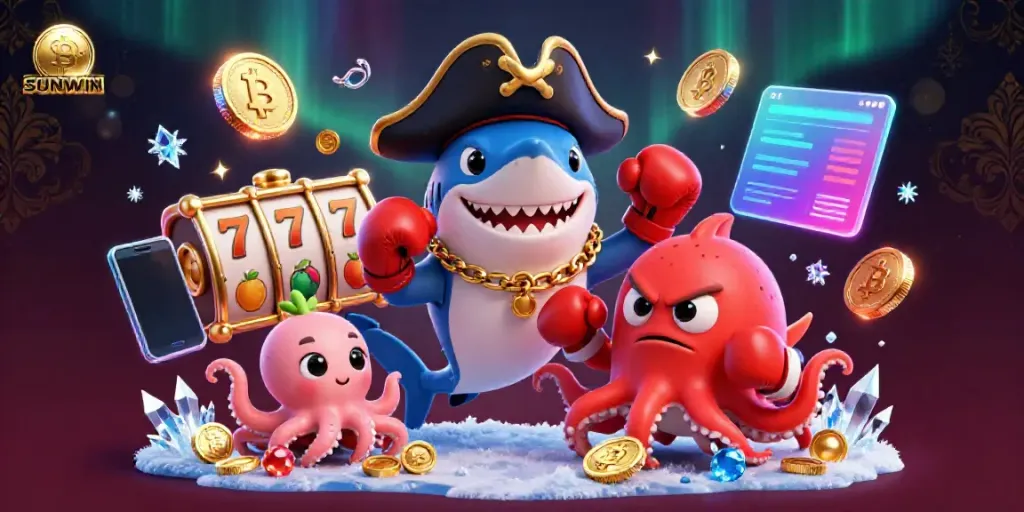 Experience vibrant casino excitement with SUNWIN characters and elements, showcasing an energetic scene filled with slot symbols.