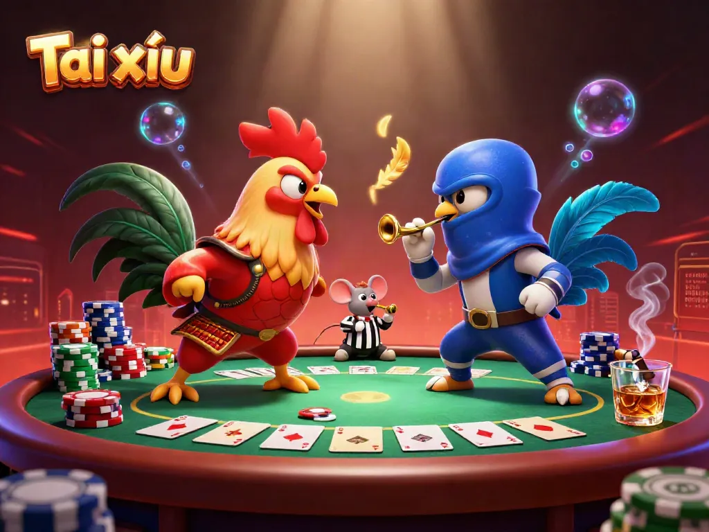 Engage in Tài xỉu excitement with a dynamic digital illustration of colorful roosters and poker elements.