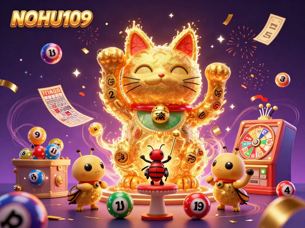 Experience exciting casino gameplay with NOHU109 through a vibrant illustration of characters surrounded by dynamic gaming elements.