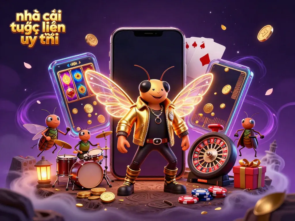 Engage with nhà cái trực tuyến uy tín featuring a vibrant 3D scene with a cicada rock star and casino elements.