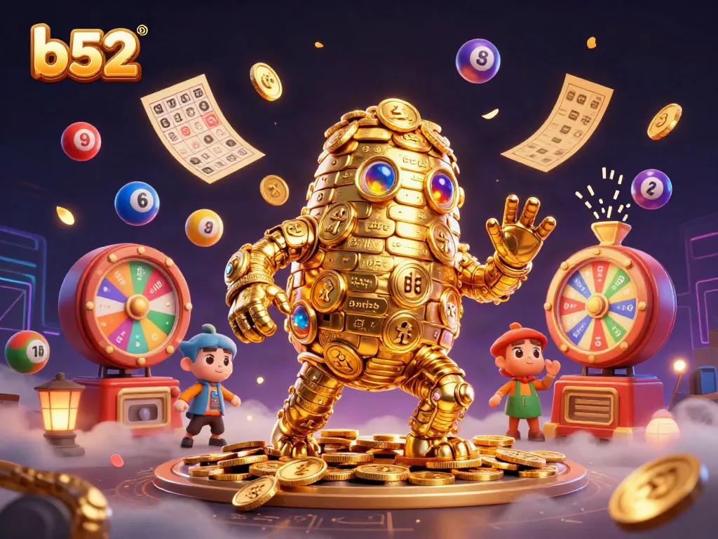 B52 casino golem surrounded by colorful lottery elements, creating a festive gaming atmosphere.