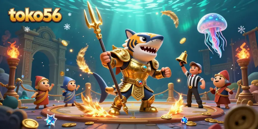 Engage with the thrilling underwater scene featuring toko56, depicting a hero tiger shark in gladiator armor amidst a dynamic colosseum setting.