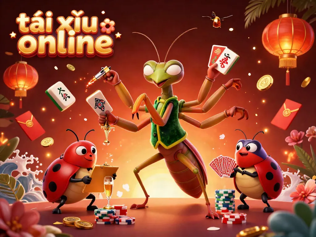 Engaging scene of a praying mantis card sharp and ladybug pit boss celebrating a tài xỉu online win with festive elements.