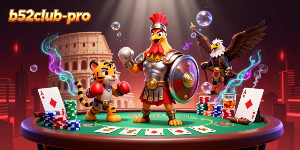 Experience the thrill of b52club-pro with a vibrant casino scene featuring a gladiator rooster and poker elements.