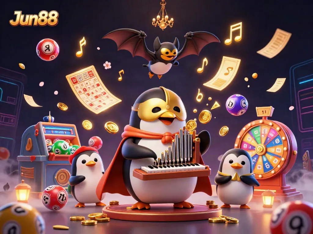 Experience Jun88-themed excitement with a 3D penguin playing organ amidst vibrant casino elements.
